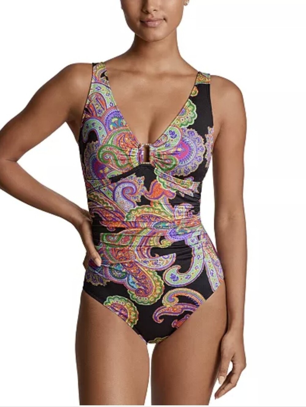 Lauren Ralph Lauren Women's Paisley-Print Ruched One-Piece Swimsuit Size 14